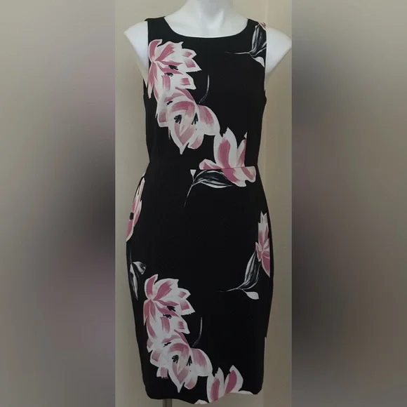 ANN TAYLOR FACTORY Black White Pink Floral Print Sleeveless Midi Dress Sz 8 - Picture 1 of 15